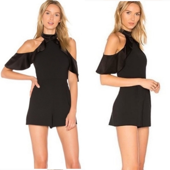 New Alice + Olivia Rosaline High Neck Satin Ruffle Cold Shoulder Pleated Romper - Picture 1 of 14